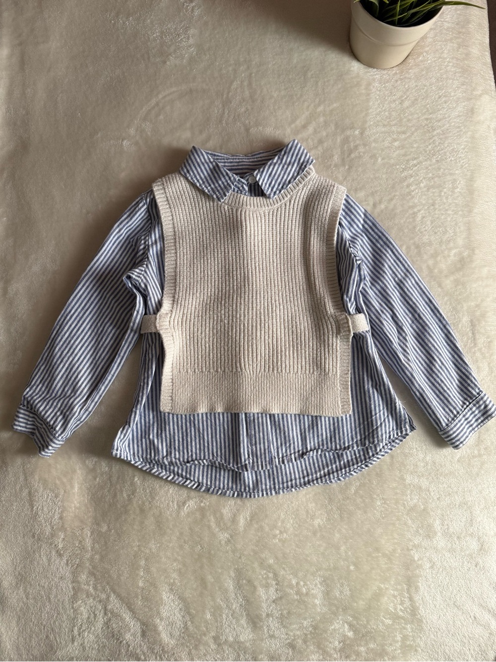 Zara Kids Blue Stripe Shirt with Cream Knit Vest